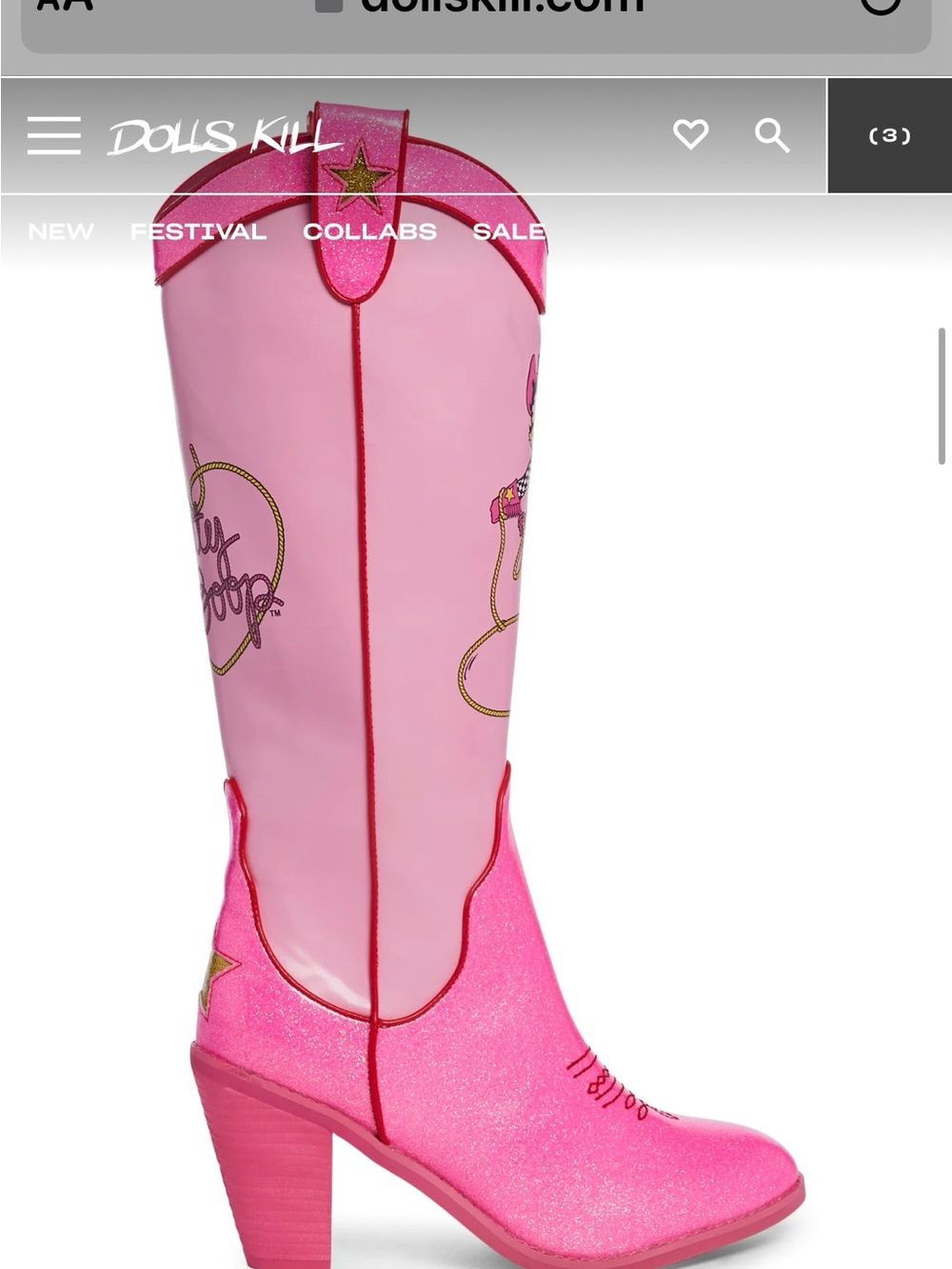 Betty Boop Pink Glitter Western Knee Boots with Gold Star Accents - Picture 5 of 10